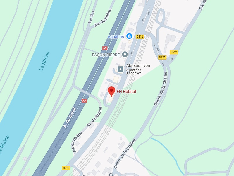 Carte Google Maps du Rhône, autoroute A7 et D312 près de Lyon, avec FH Habitat épinglé, Façon Pierre et Abrisud Lyon.